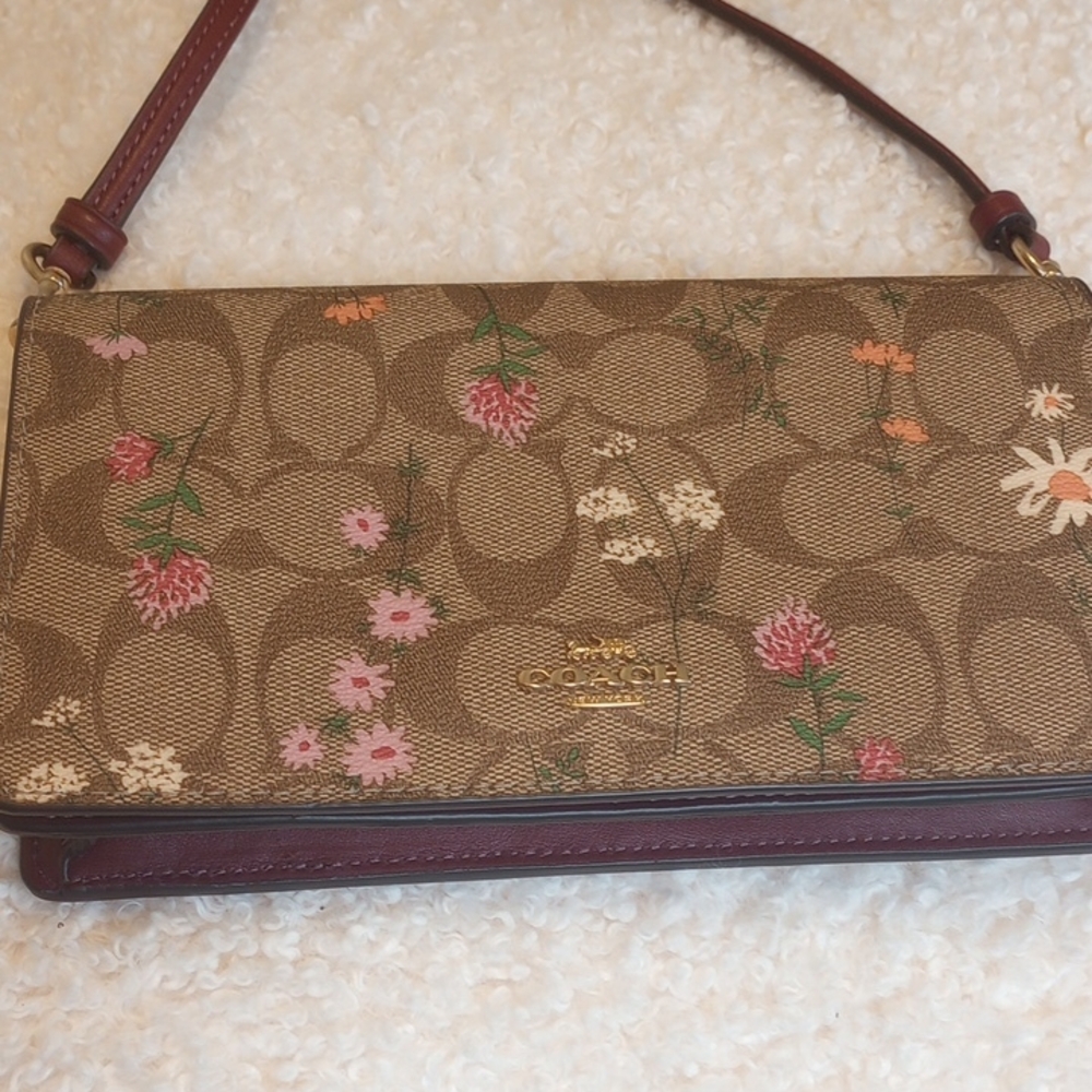Coach Floral Signature Crossbody in Brown with Pink Accents